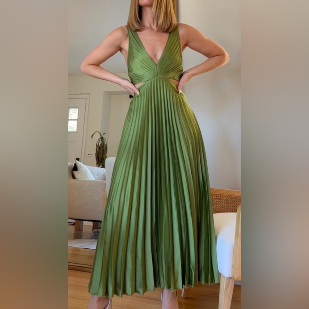 Green Satin Pleated Cutout Maxi Dress